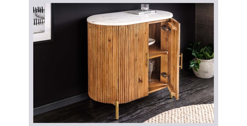 Buffet 70 cm 2 portes bois massif, marbre blanc et doré – Collection TRESCA