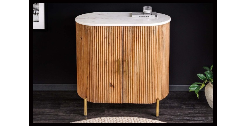 Buffet 70 cm 2 portes bois massif, marbre blanc et doré – Collection TRESCA