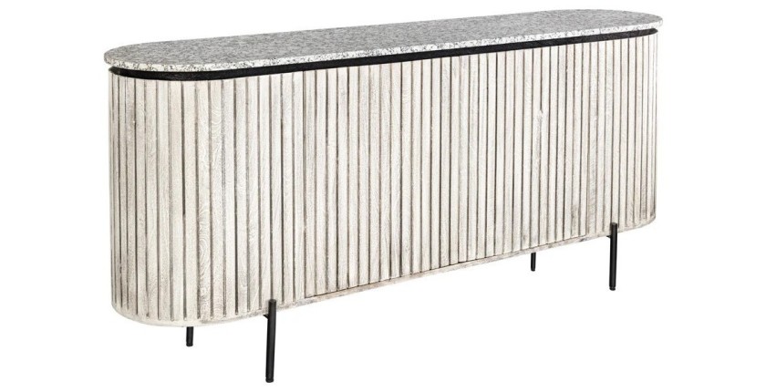 Buffet 170 cm 2 portes bois massif nervuré, pierre grise et noir – Collection NOARA