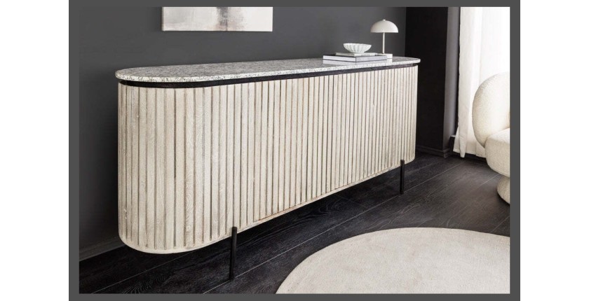 Buffet 170 cm 2 portes bois massif nervuré, pierre grise et noir – Collection NOARA