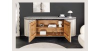 Buffet 170 cm 2 portes bois massif nervuré, pierre grise et noir – Collection NOARA