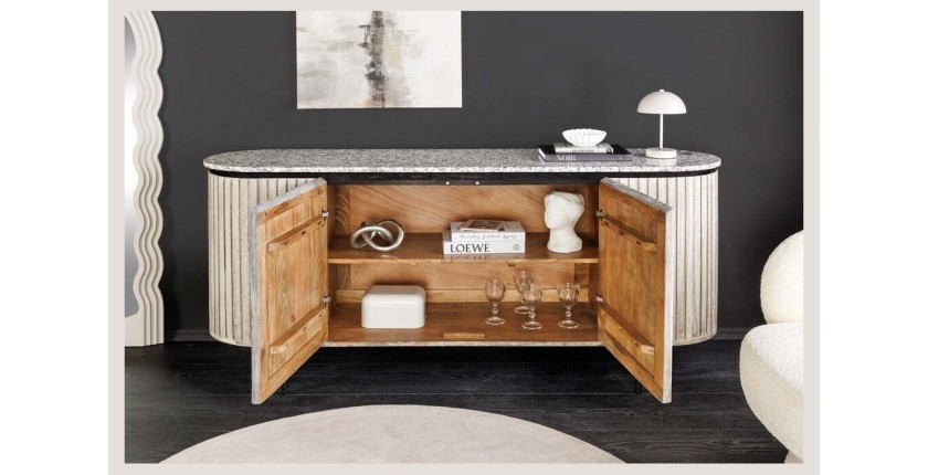 Buffet 170 cm 2 portes bois massif nervuré, pierre grise et noir – Collection NOARA
