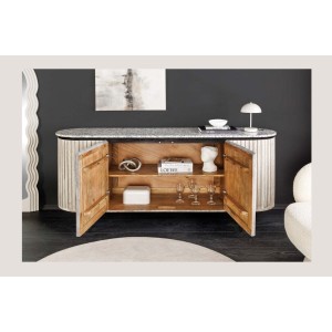 Buffet 170 cm 2 portes bois massif nervuré, pierre grise et noir – Collection NOARA