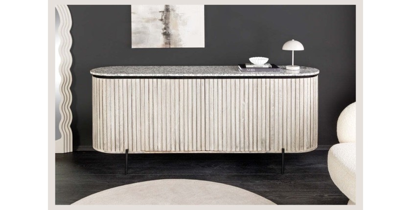 Buffet 170 cm 2 portes bois massif nervuré, pierre grise et noir – Collection NOARA