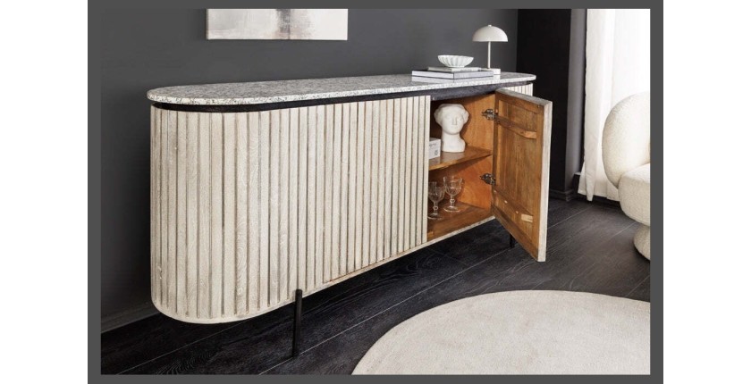 Buffet 170 cm 2 portes bois massif nervuré, pierre grise et noir – Collection NOARA