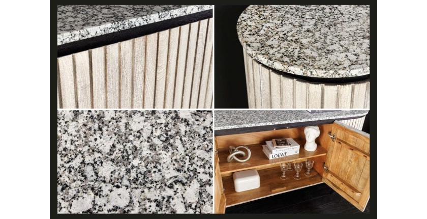 Buffet 170 cm 2 portes bois massif nervuré, pierre grise et noir – Collection NOARA