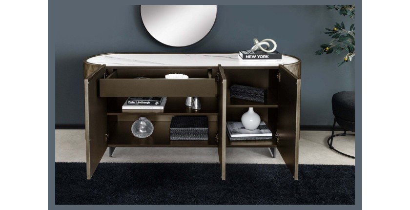 Buffet 150 cm 3 portes 1 tiroir bronze et marbre blanc – Collection MILANO