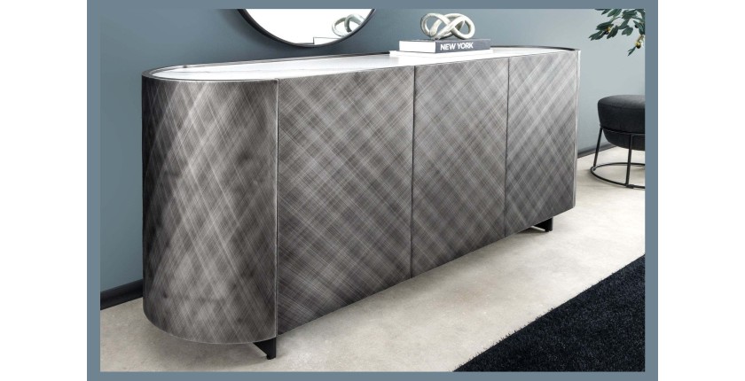 Buffet 150 cm 3 portes 1 tiroir gris et marbre blanc – Collection MILANO