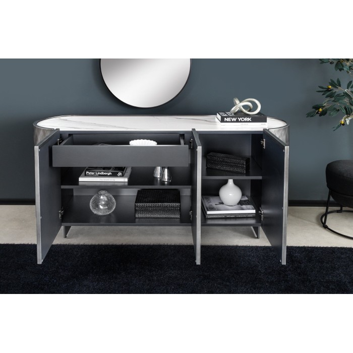 Buffet 150 cm 3 porte 1 cassetto grigio e marmo bianco – Collezione MILANO
