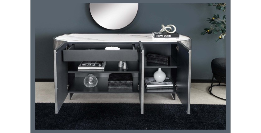Buffet 150 cm 3 portes 1 tiroir gris et marbre blanc – Collection MILANO