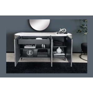 Buffet 150 cm 3 portes 1 tiroir gris et marbre blanc – Collection MILANO