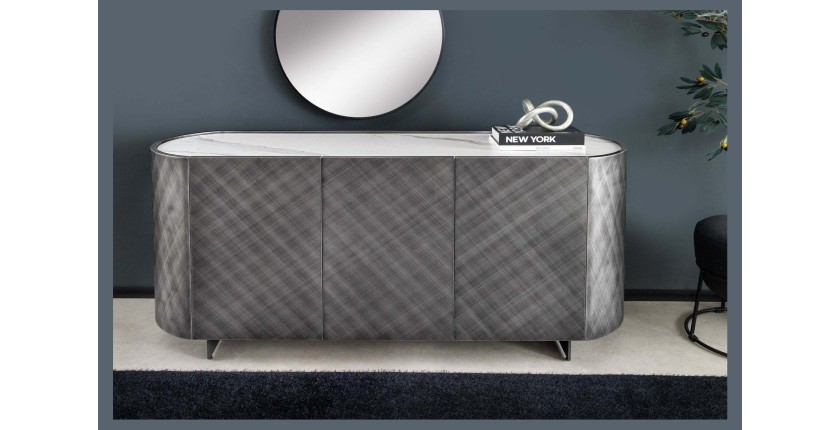 Buffet 150 cm 3 portes 1 tiroir gris et marbre blanc – Collection MILANO