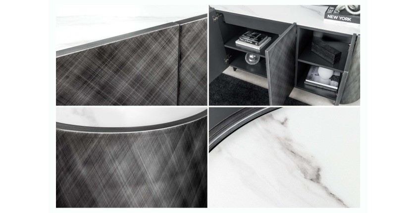 Buffet 150 cm 3 portes 1 tiroir gris et marbre blanc – Collection MILANO