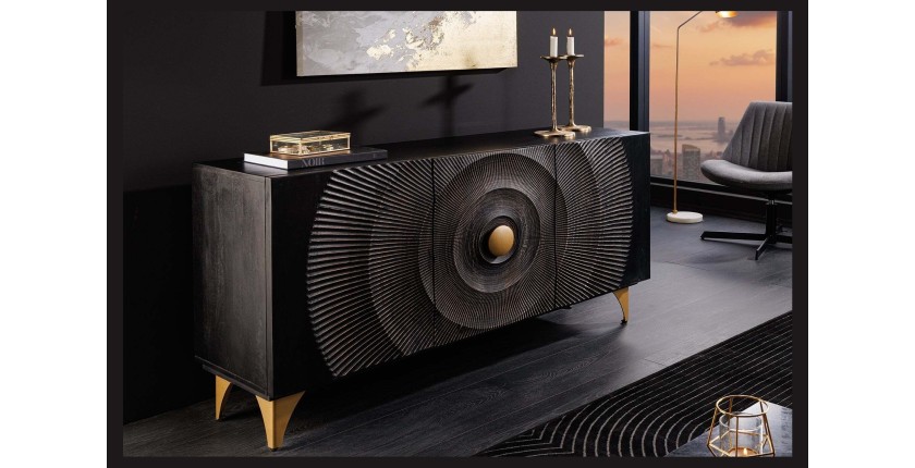Buffet 140 cm 3 portes bois noir et doré – Collection SOLARIS