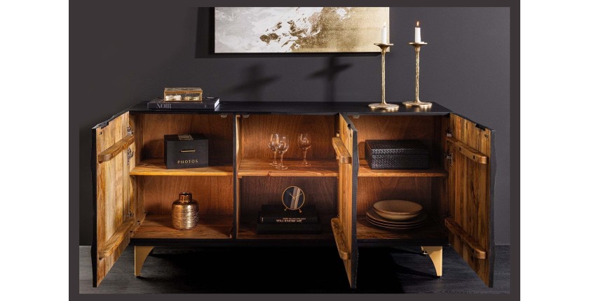 Buffet 140 cm 3 portes bois noir et doré – Collection SOLARIS