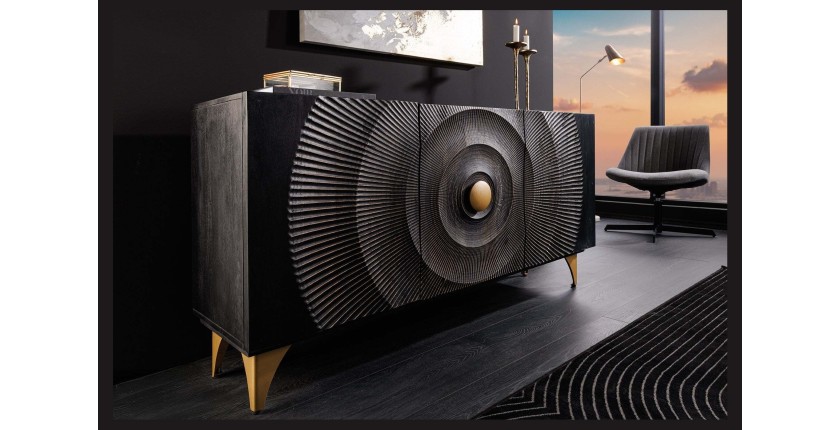 Buffet 140 cm 3 portes bois noir et doré – Collection SOLARIS