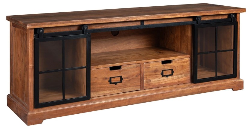 Meuble TV 160 cm bois massif acacia et métal noir – Collection LUMBER