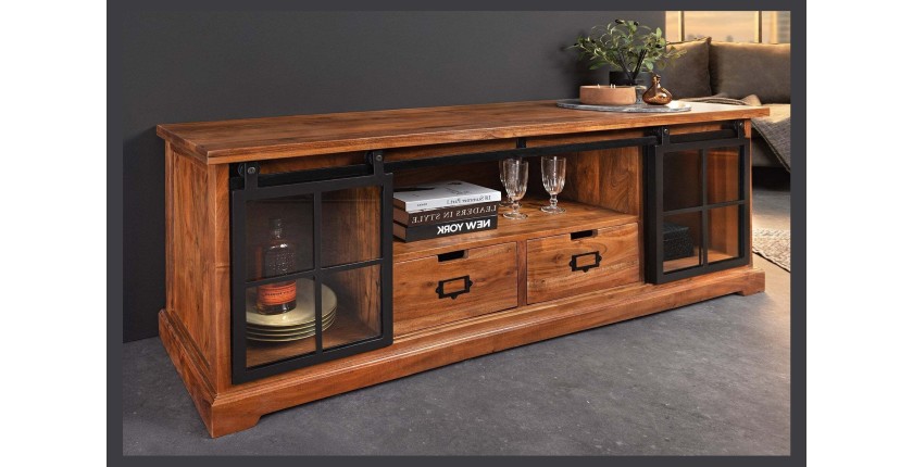 Meuble TV 160 cm bois massif acacia et métal noir – Collection LUMBER