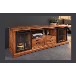 Meuble TV 160 cm bois massif acacia et métal noir – Collection LUMBER