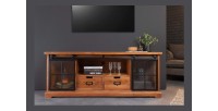 Meuble TV 160 cm bois massif acacia et métal noir – Collection LUMBER