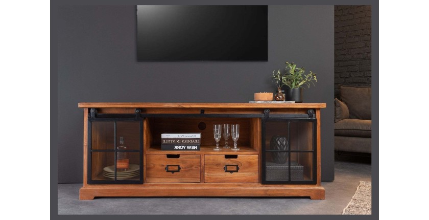 Meuble TV 160 cm bois massif acacia et métal noir – Collection LUMBER