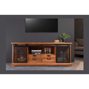 Meuble TV 160 cm bois massif acacia et métal noir – Collection LUMBER