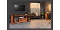 Meuble TV 160 cm bois massif acacia et métal noir – Collection LUMBER