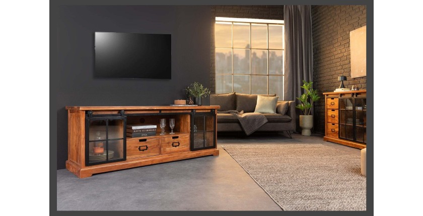 Meuble TV 160 cm bois massif acacia et métal noir – Collection LUMBER