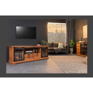Meuble TV 160 cm bois massif acacia et métal noir – Collection LUMBER