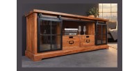 Meuble TV 160 cm bois massif acacia et métal noir – Collection LUMBER