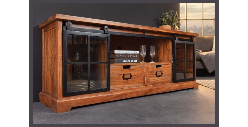 Meuble TV 160 cm bois massif acacia et métal noir – Collection LUMBER