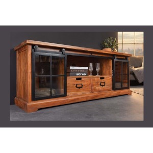 Meuble TV 160 cm bois massif acacia et métal noir – Collection LUMBER