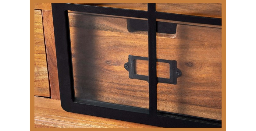 Meuble TV 160 cm bois massif acacia et métal noir – Collection LUMBER