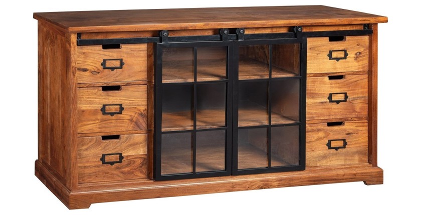 Buffet 150 cm 2 portes 6 tiroirs bois massif acacia et métal noir – Collection LUMBER