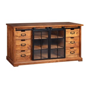Buffet 150 cm 2 portes 6 tiroirs bois massif acacia et métal noir – Collection LUMBER