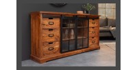 Buffet 150 cm 2 portes 6 tiroirs bois massif acacia et métal noir – Collection LUMBER