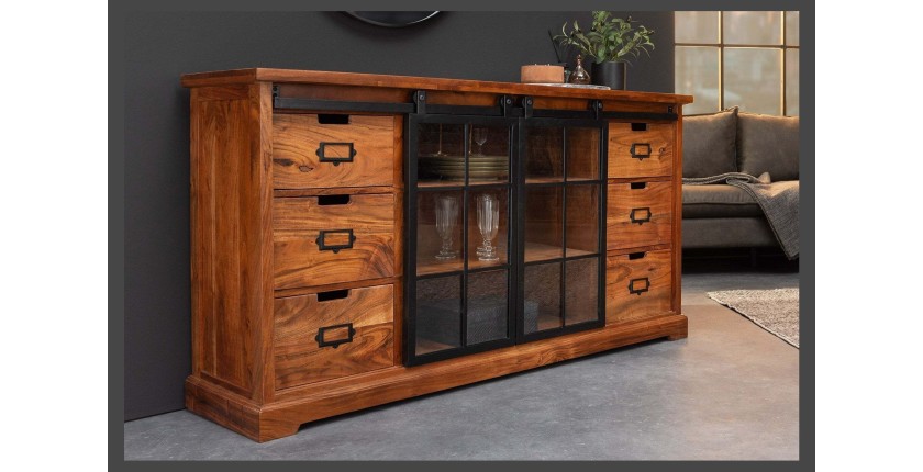 Buffet 150 cm 2 portes 6 tiroirs bois massif acacia et métal noir – Collection LUMBER