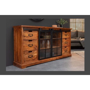 Buffet 150 cm 2 portes 6 tiroirs bois massif acacia et métal noir – Collection LUMBER