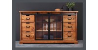 Buffet 150 cm 2 portes 6 tiroirs bois massif acacia et métal noir – Collection LUMBER