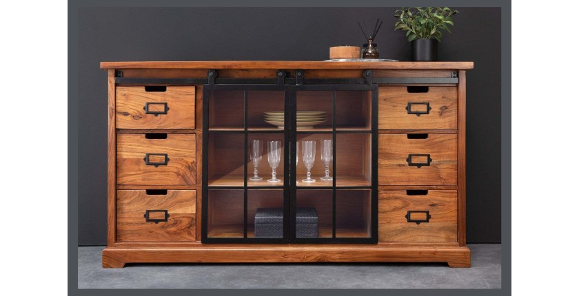 Buffet 150 cm 2 portes 6 tiroirs bois massif acacia et métal noir – Collection LUMBER