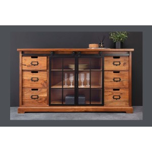 Buffet 150 cm 2 portes 6 tiroirs bois massif acacia et métal noir – Collection LUMBER