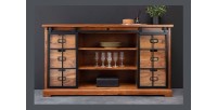 Buffet 150 cm 2 portes 6 tiroirs bois massif acacia et métal noir – Collection LUMBER