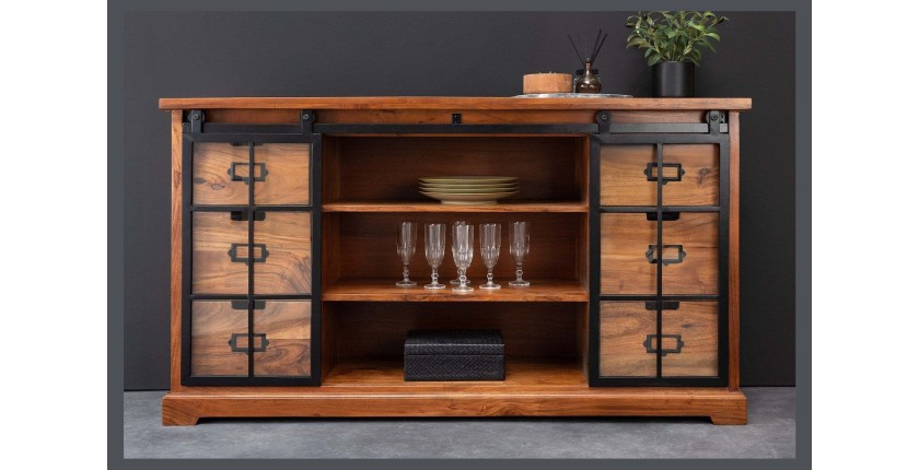 Buffet 150 cm 2 portes 6 tiroirs bois massif acacia et métal noir – Collection LUMBER