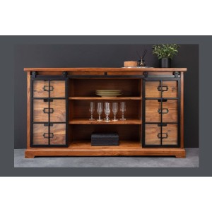 Buffet 150 cm 2 portes 6 tiroirs bois massif acacia et métal noir – Collection LUMBER