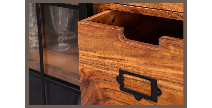 Buffet 150 cm 2 portes 6 tiroirs bois massif acacia et métal noir – Collection LUMBER