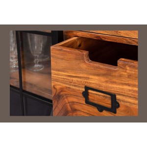 Buffet 150 cm 2 portes 6 tiroirs bois massif acacia et métal noir – Collection LUMBER