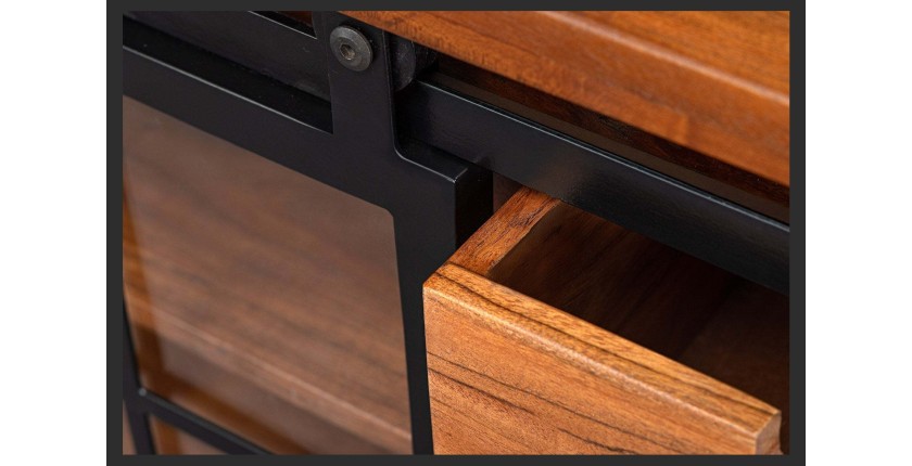 Buffet 150 cm 2 portes 6 tiroirs bois massif acacia et métal noir – Collection LUMBER