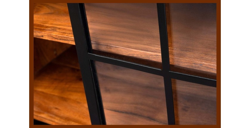 Buffet 150 cm 2 portes 6 tiroirs bois massif acacia et métal noir – Collection LUMBER