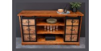 Buffet 150 cm 2 portes 6 tiroirs bois massif acacia et métal noir – Collection LUMBER