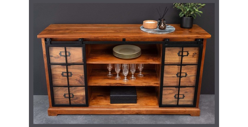 Buffet 150 cm 2 portes 6 tiroirs bois massif acacia et métal noir – Collection LUMBER